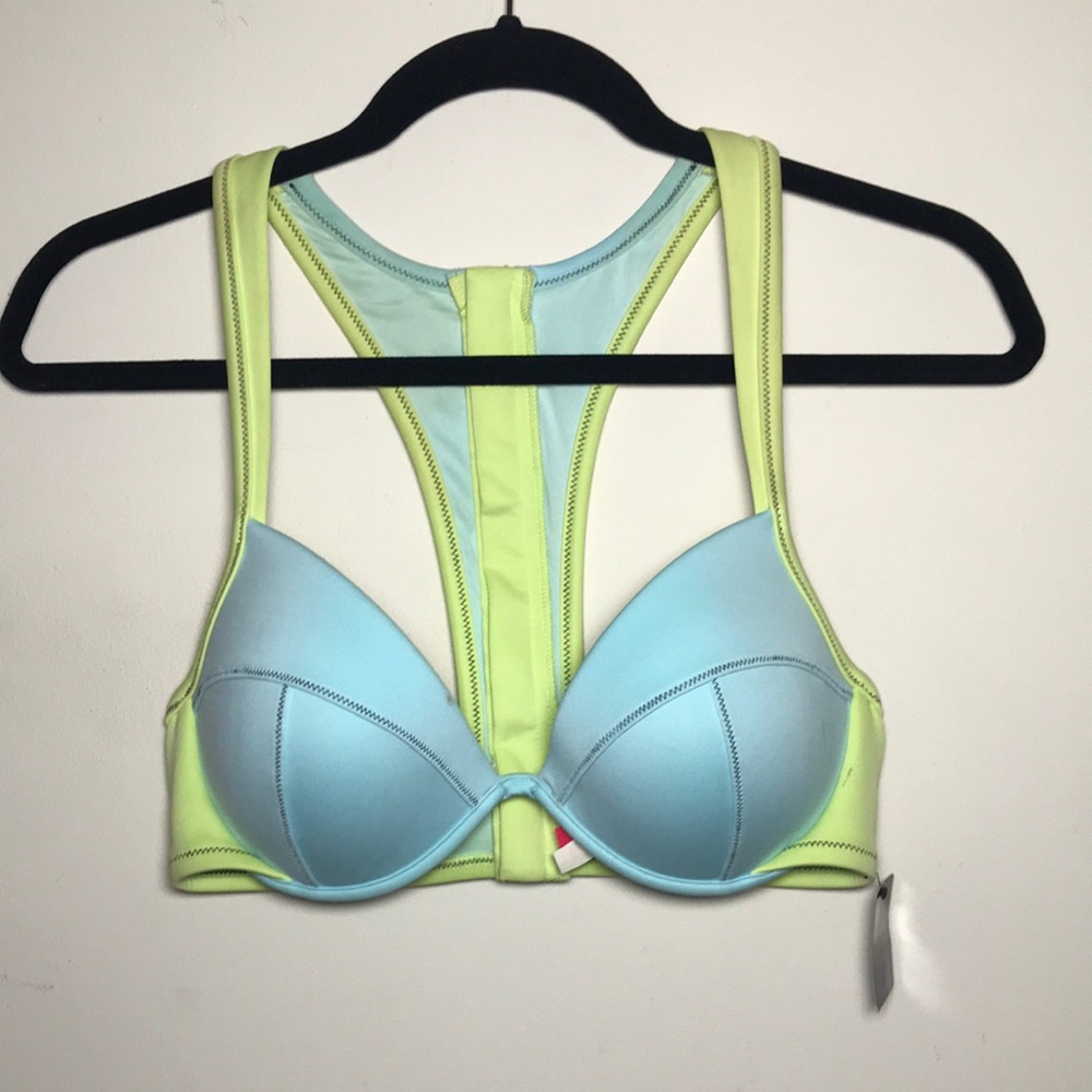 34D New Victoria’s Secret bikini top scuba Racerback zipper blue green aqua